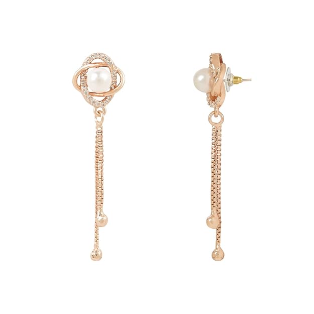 Etnico Rose Gold Plated Floral Shape Sparkling Stud CZ American Diamond Mother's Day Special Pearl Studed Tassel Drop Fashionable Earrings for Women