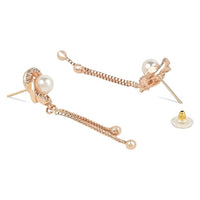 Etnico Rose Gold Plated Floral Shape Sparkling Stud CZ American Diamond Mother's Day Special Pearl Studed Tassel Drop Fashionable Earrings for Women