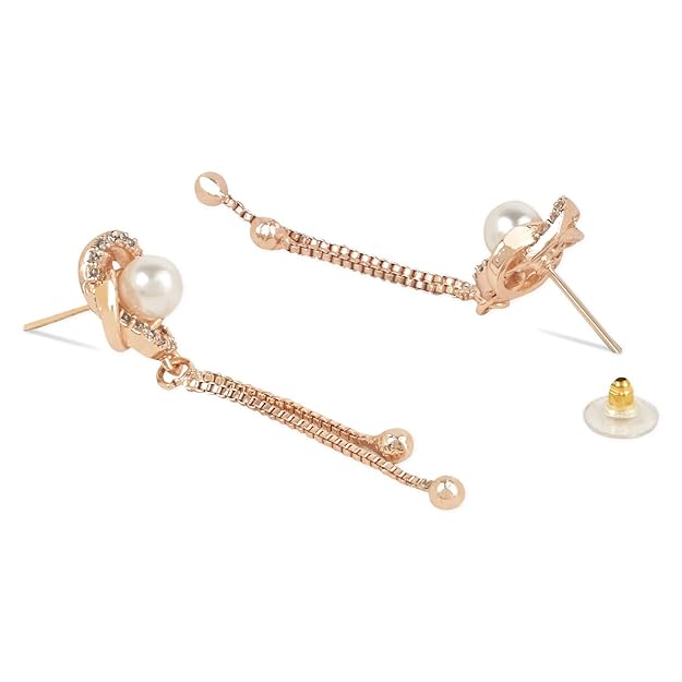 Etnico Rose Gold Plated Floral Shape Sparkling Stud CZ American Diamond Mother's Day Special Pearl Studed Tassel Drop Fashionable Earrings for Women