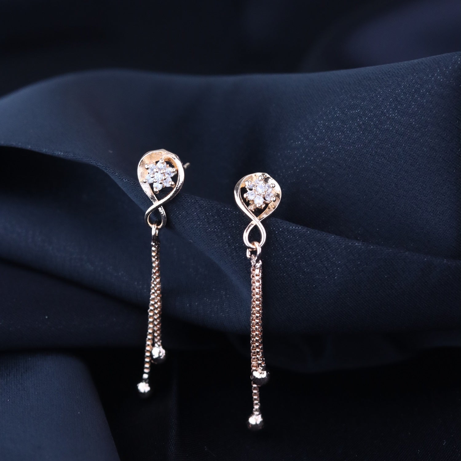 Etnico Valentines Special Sparkling Glamorous Rose Gold Plated Floral Shape Stud CZ and American Diamond Tassel Drop Fashionable Earrings for Women/Girls