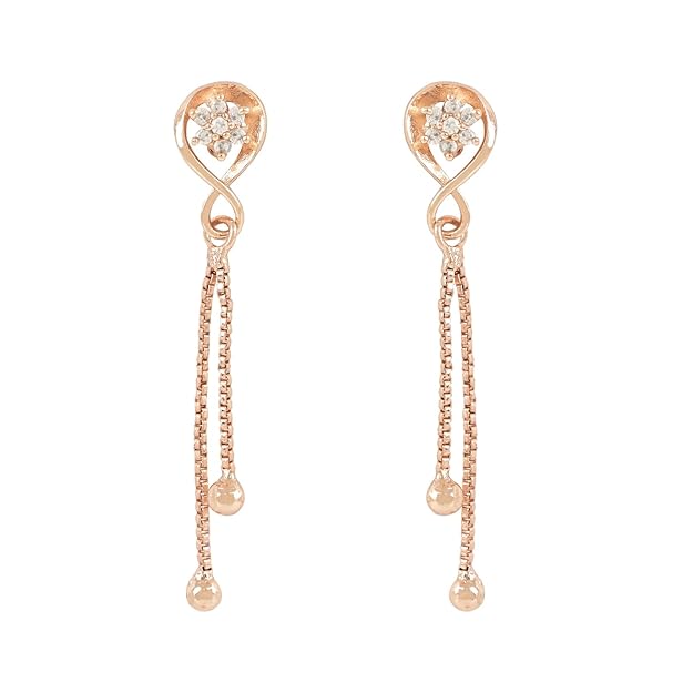 Etnico Valentines Special Sparkling Glamorous Rose Gold Plated Floral Shape Stud CZ and American Diamond Tassel Drop Fashionable Earrings for Women/Girls
