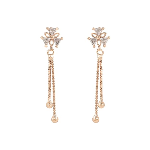 Etnico Valentines Special Sparkling Glamorous Rose Gold Plated Floral Shape Stud CZ and American Diamond Tassel Drop Fashionable Earrings for Women/Girls