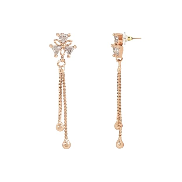Etnico Valentines Special Sparkling Glamorous Rose Gold Plated Floral Shape Stud CZ and American Diamond Tassel Drop Fashionable Earrings for Women/Girls