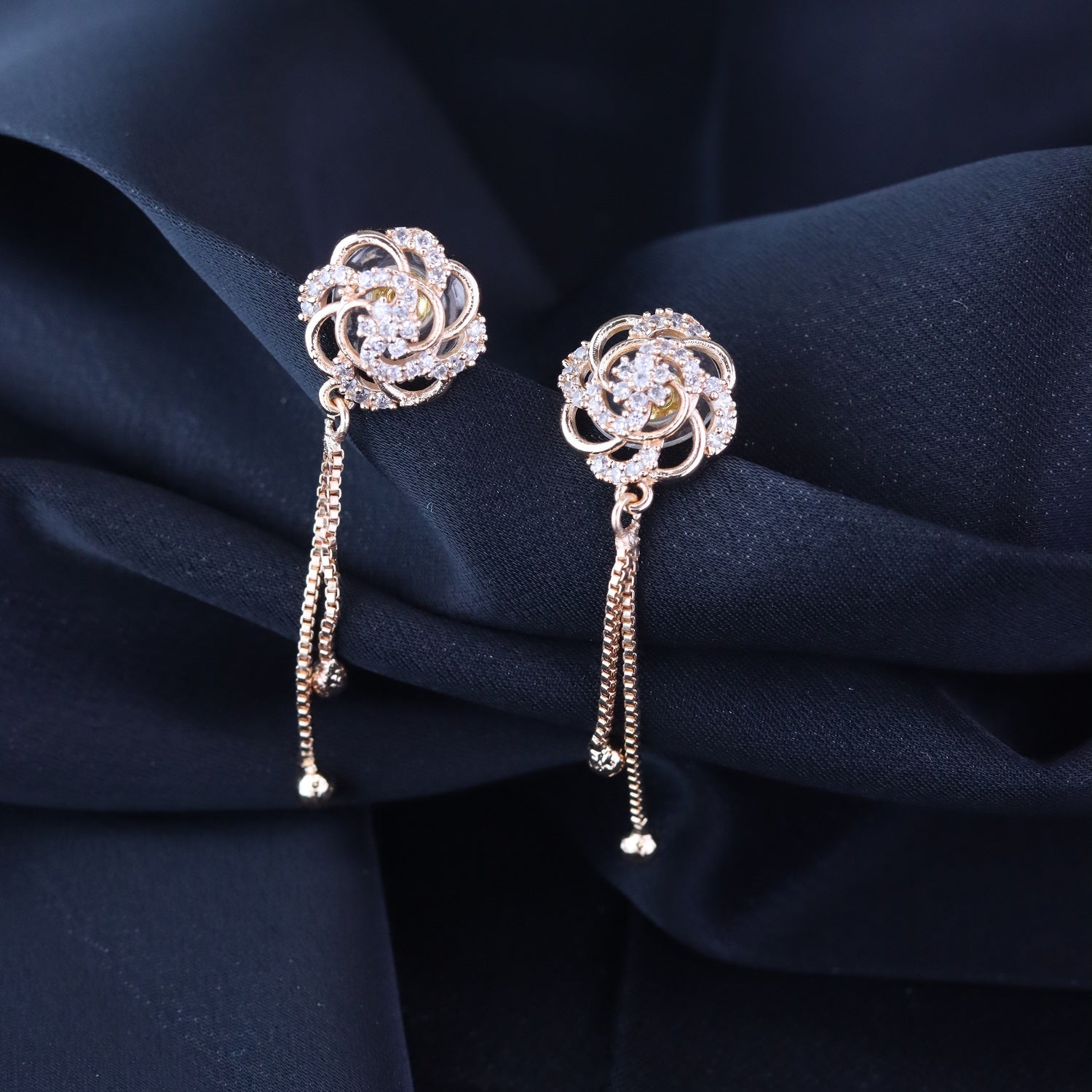 Etnico Rose Gold Plated Floral Shape Sparkling Stud CZ American Diamond Mother's Day Special Pearl Studed Tassel Drop Fashionable Earrings for Women