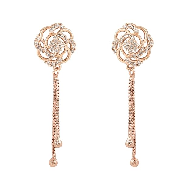 Etnico Rose Gold Plated Floral Shape Sparkling Stud CZ American Diamond Mother's Day Special Pearl Studed Tassel Drop Fashionable Earrings for Women