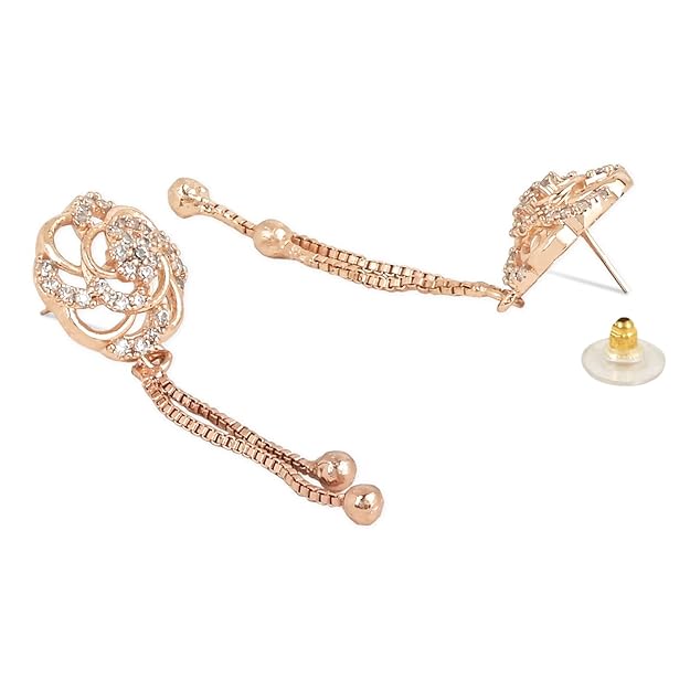 Etnico Rose Gold Plated Floral Shape Sparkling Stud CZ American Diamond Mother's Day Special Pearl Studed Tassel Drop Fashionable Earrings for Women