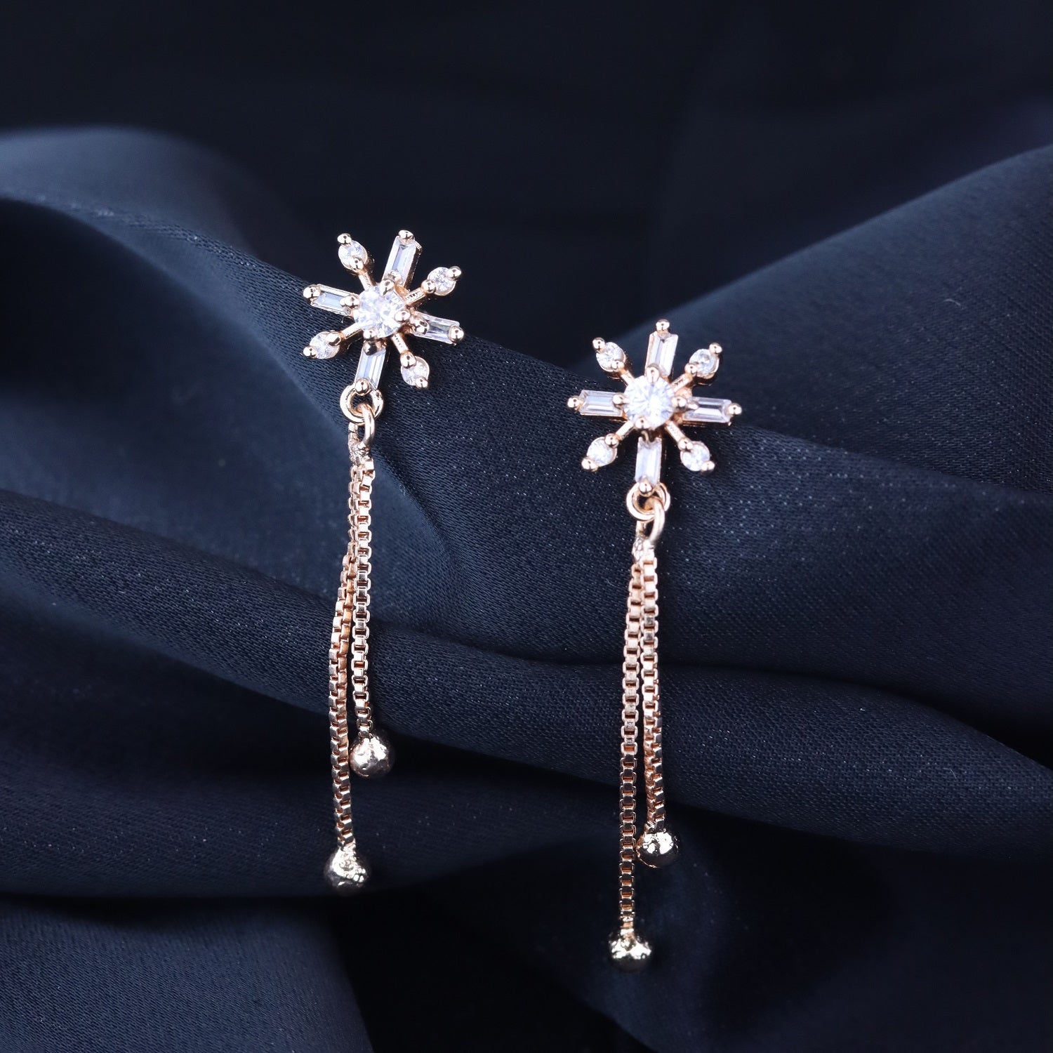 Etnico Valentines Special Sparkling Glamorous Rose Gold Plated Floral Shape Stud CZ and American Diamond Tassel Drop Fashionable Earrings for Women/Girls