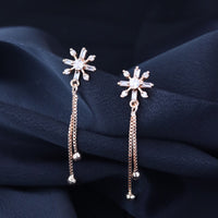Etnico Valentines Special Sparkling Glamorous Rose Gold Plated Floral Shape Stud CZ and American Diamond Tassel Drop Fashionable Earrings for Women/Girls 