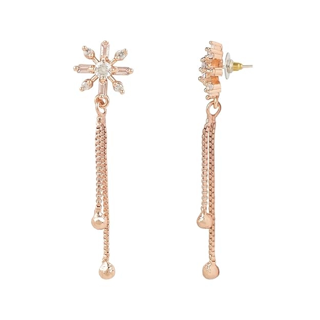 Etnico Valentines Special Sparkling Glamorous Rose Gold Plated Floral Shape Stud CZ and American Diamond Tassel Drop Fashionable Earrings for Women/Girls