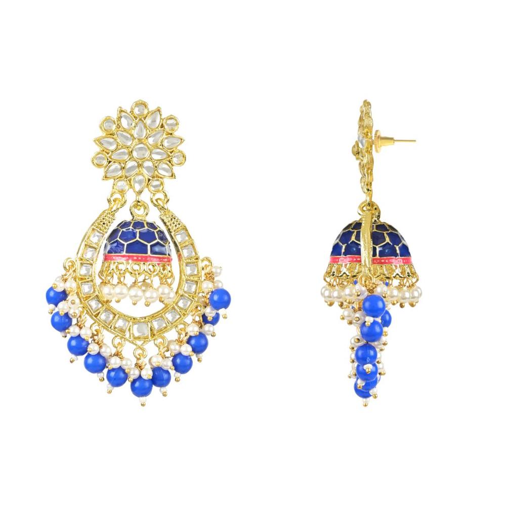 Etnico Gold Plated Traditional Meenakari Kundan Studded Pearl Dangle Jhumki Earrings For Women & Girls (E3125Bl)