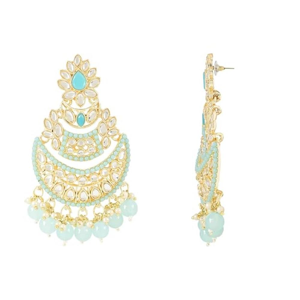 Etnico Gold Plated Intricately Designed Traditional Meena Work Kundans & Pearls Chandbali Earrings For Women (E3012) (Sky Blue)