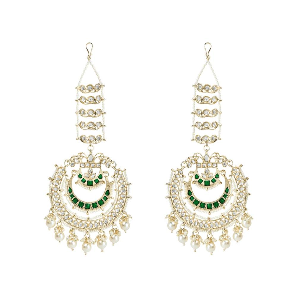 Etnico Gold Plated Traditional Kundan Hanging Pearl Earrings Attachable Ear Chain For Women/Girls (Green)