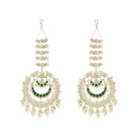 Etnico Gold Plated Traditional Kundan Hanging Pearl Earrings Attachable Ear Chain For Women/Girls (Green)