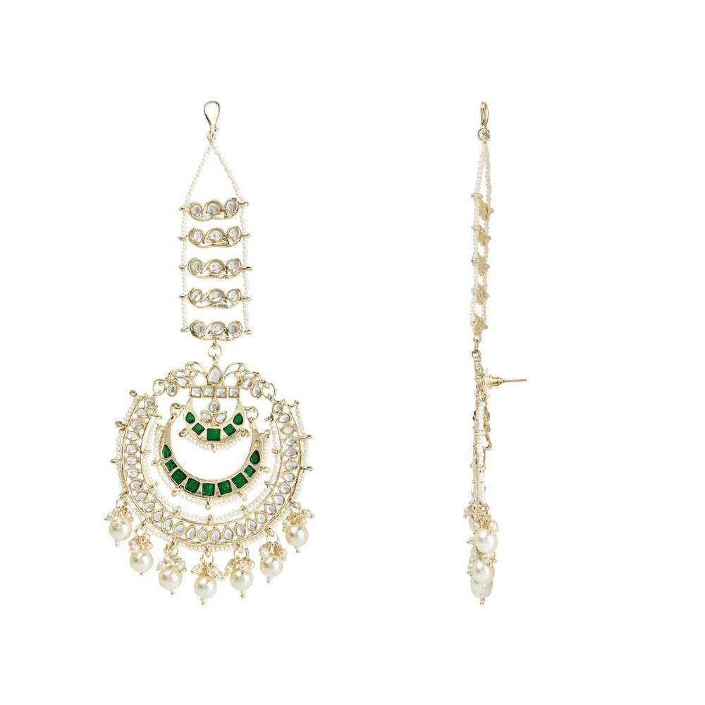 Etnico Gold Plated Traditional Kundan Hanging Pearl Earrings Attachable Ear Chain For Women/Girls (Green)