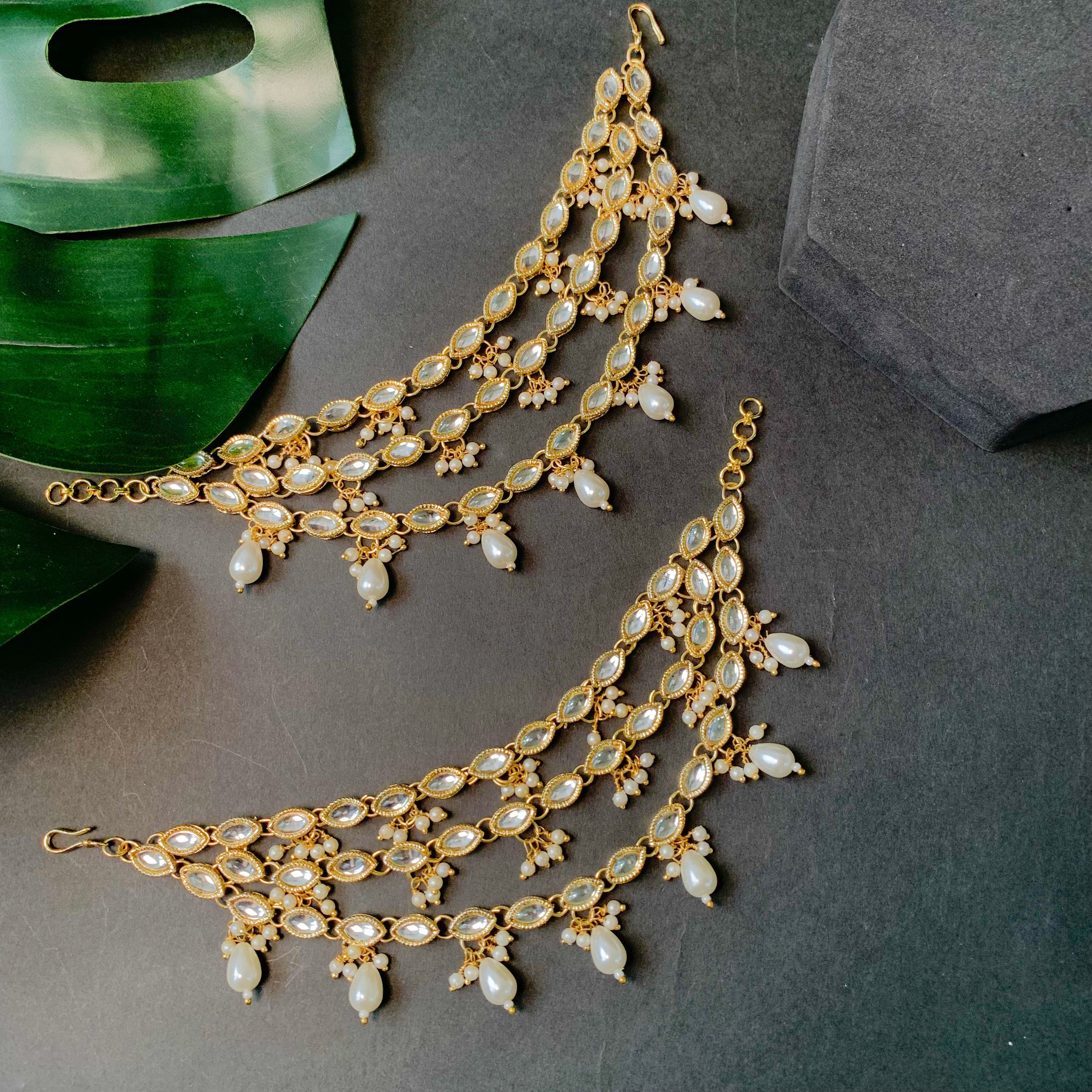 Etnico Gold Plated Traditional Kundan Pearl Drop Ear Chain for Women