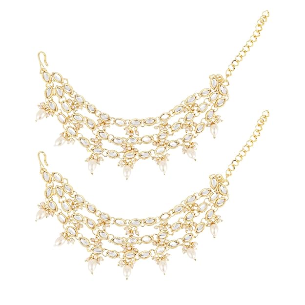 Etnico Gold Plated Traditional Kundan Pearl Drop Ear Chain for Women
