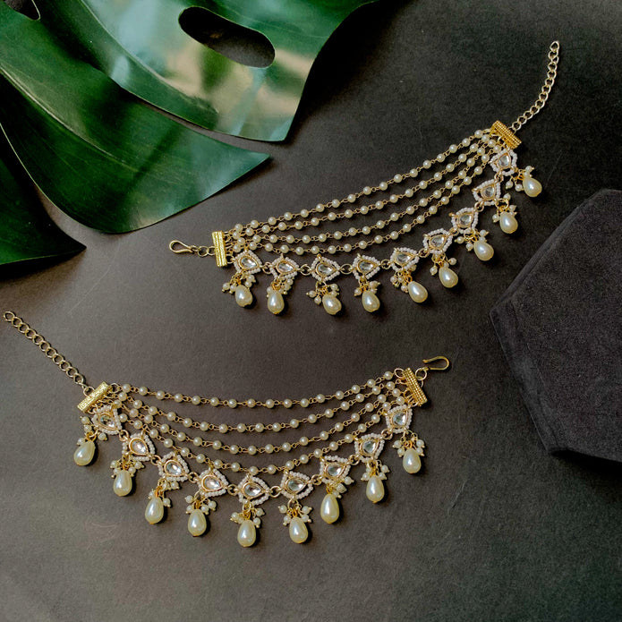 Etnico Gold Plated Traditional Layered Pearl Beaded Ear Chain with Kundan Accents for Women