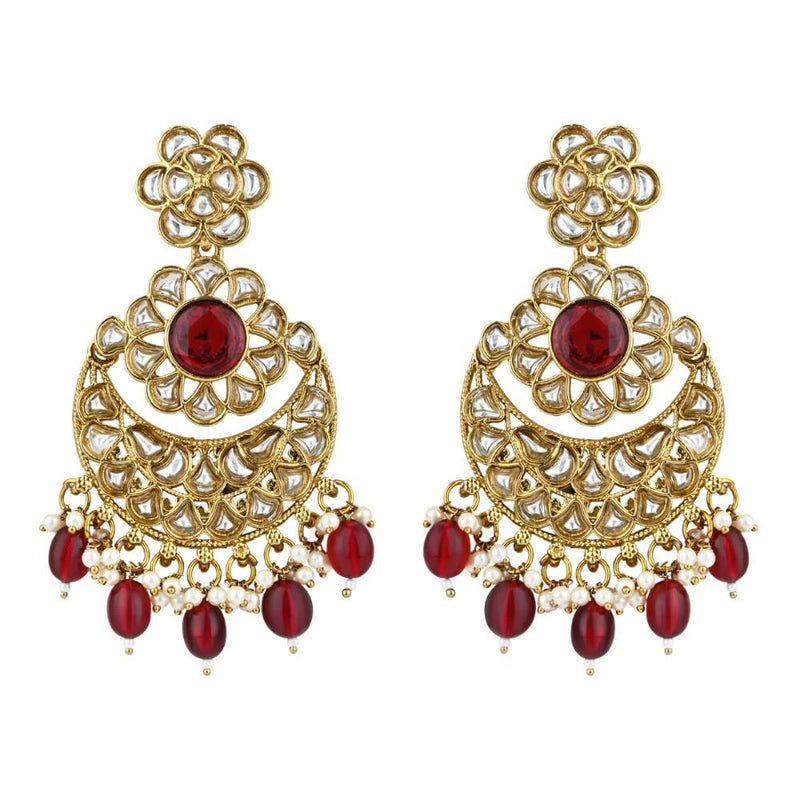 Etnico Gold Plated Traditional Handcrafted Kundan Pearl Floral Design Earrings For Women (Maroon)