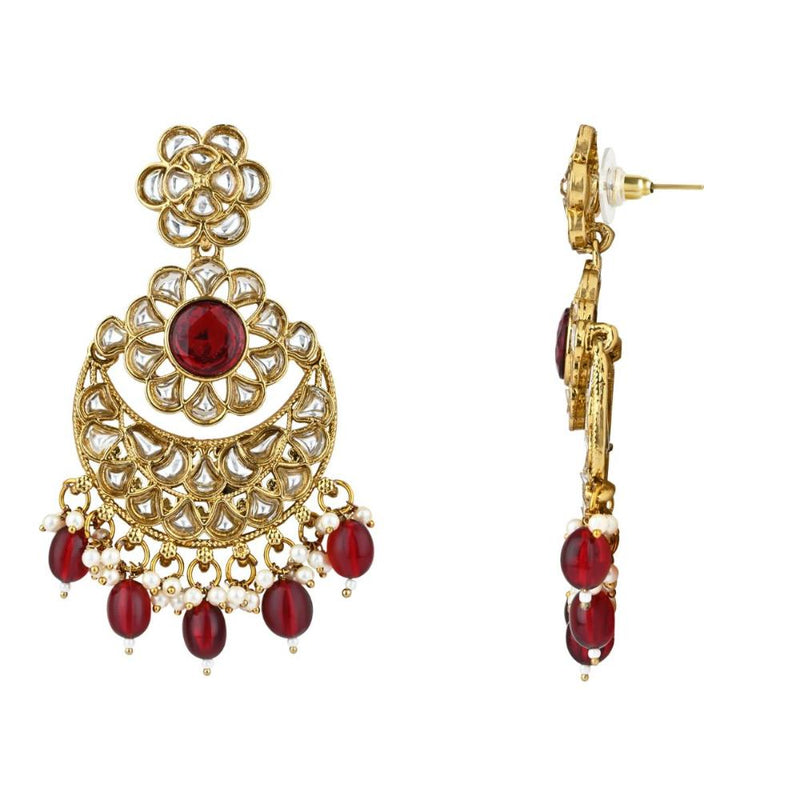 Etnico Gold Plated Traditional Handcrafted Kundan Pearl Floral Design Earrings For Women (Maroon)