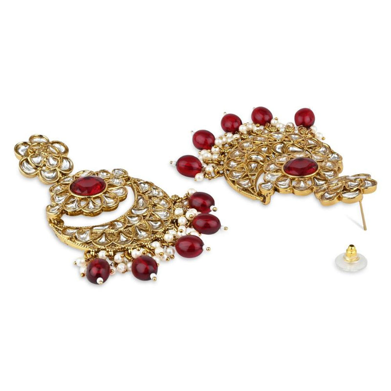 Etnico Gold Plated Traditional Handcrafted Kundan Pearl Floral Design Earrings For Women (Maroon)