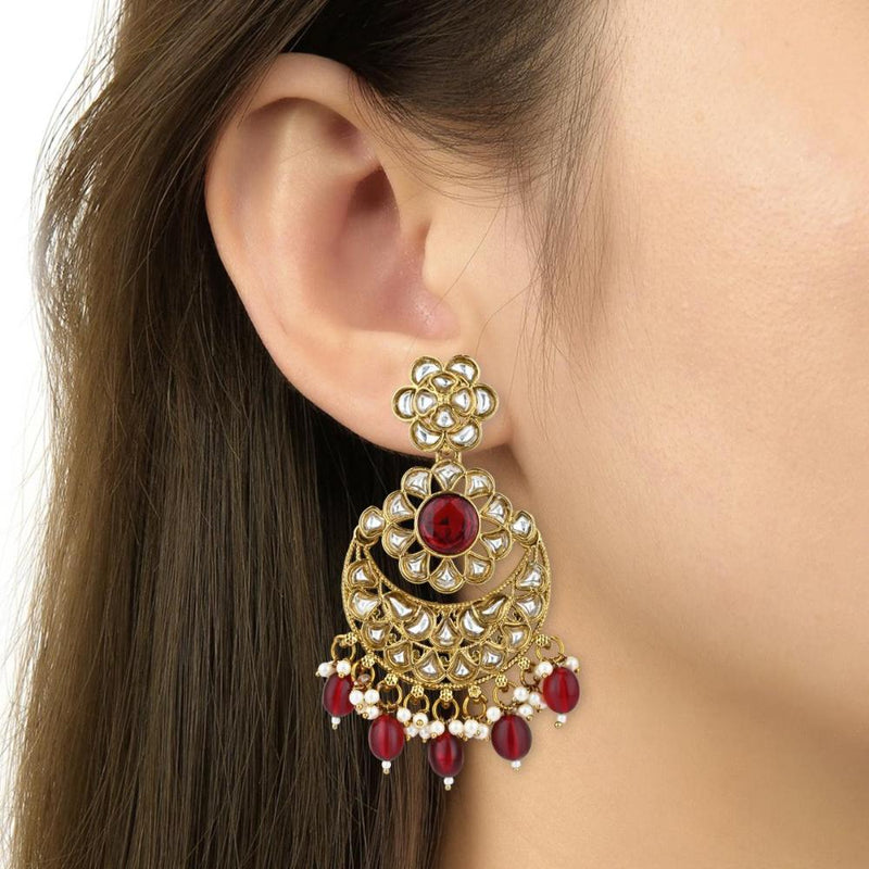 Etnico Gold Plated Traditional Handcrafted Kundan Pearl Floral Design Earrings For Women (Maroon)