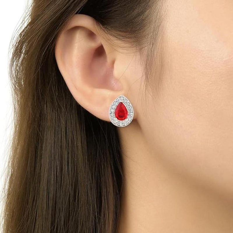 Etnico Stylish Latest Fashion Silver Plated CZ American Diamond Stud Earrings For Women (Red)