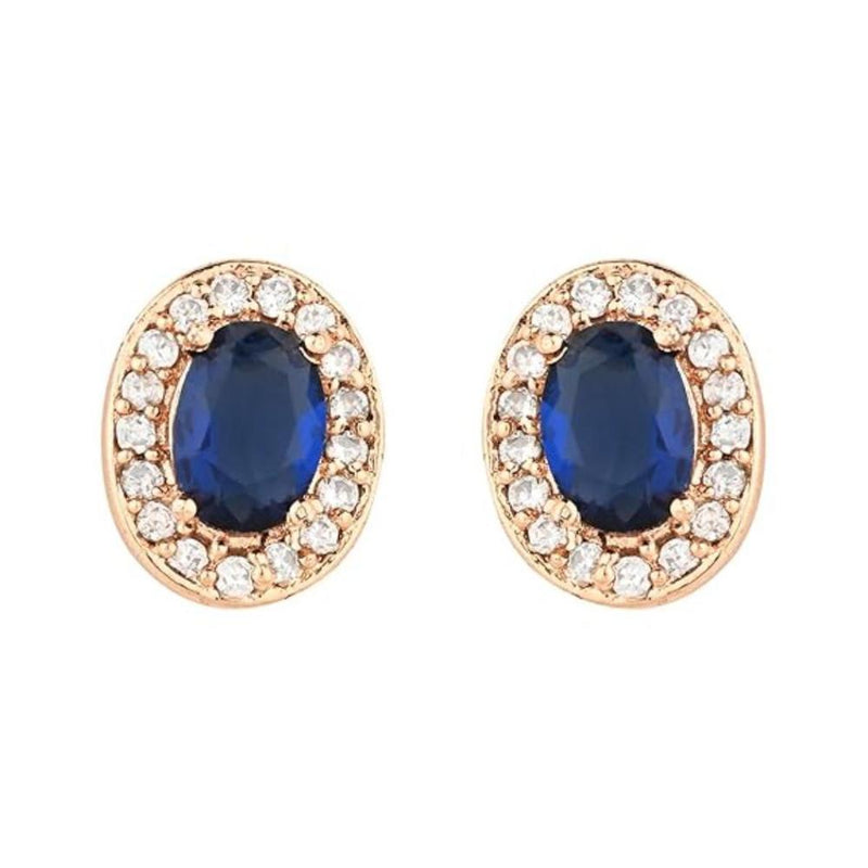 Etnico Stylish Latest Fashion Rose Gold Plated CZ American Diamond Oval Shape Stud Earrings for Women (Blue)