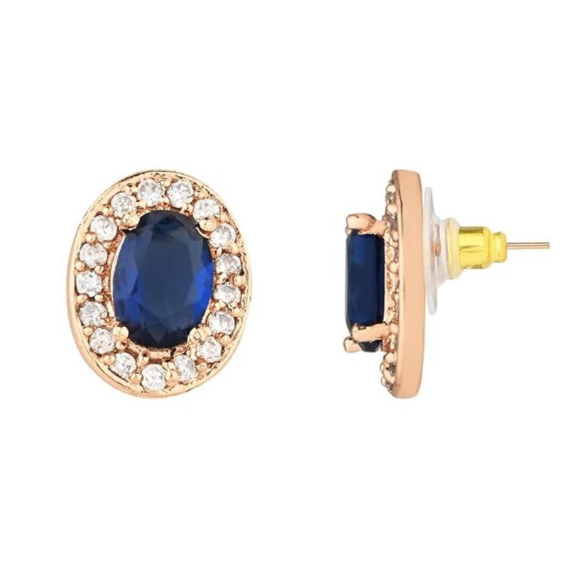 Etnico Stylish Latest Fashion Rose Gold Plated CZ American Diamond Oval Shape Stud Earrings for Women (Blue)