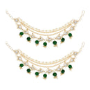 Etnico Gold Plated Traditional Layered Pearl Beaded Ear Chain with Stone Drops for Women