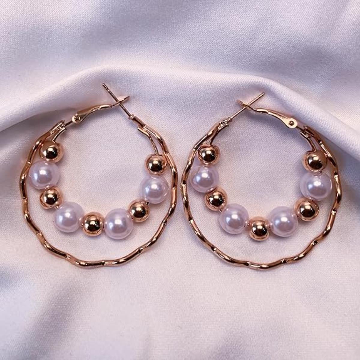 Etnico Latest Fashion Stylish Gold Plated Lightweight Round Pearl Hoop Earrings For Women