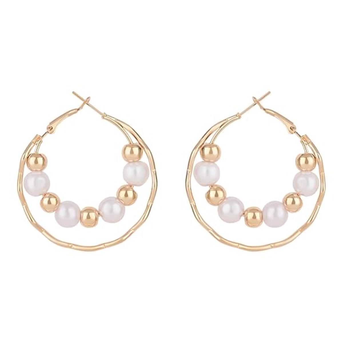Etnico Latest Fashion Stylish Gold Plated Lightweight Round Pearl Hoop Earrings For Women