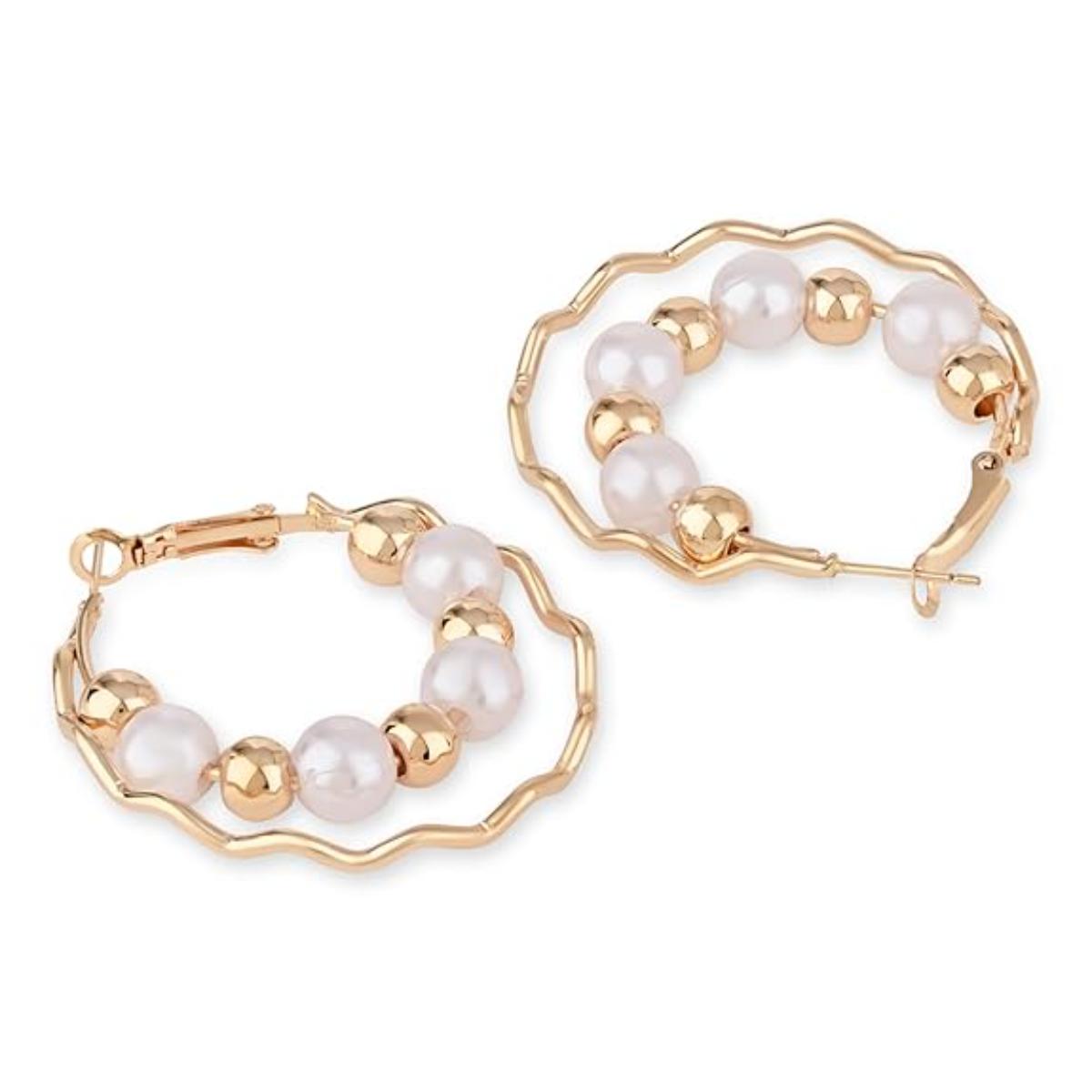 Etnico Latest Fashion Stylish Gold Plated Lightweight Round Pearl Hoop Earrings For Women
