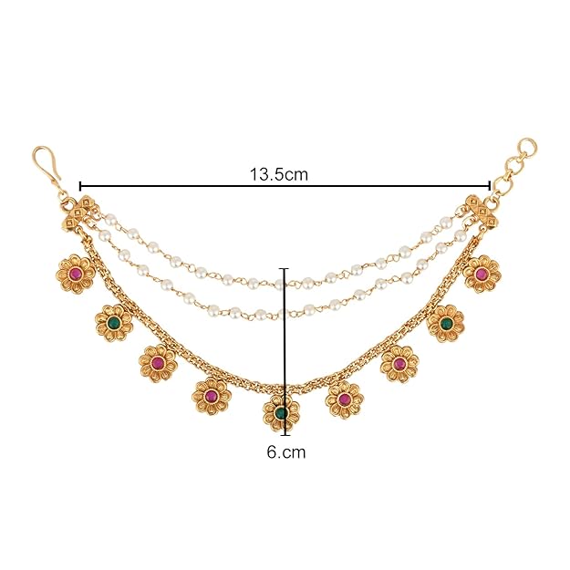 Etnico Gold Plated Traditional Flower Pearl Layered Hair Chain/Ear chain Accessories with Hook for Women