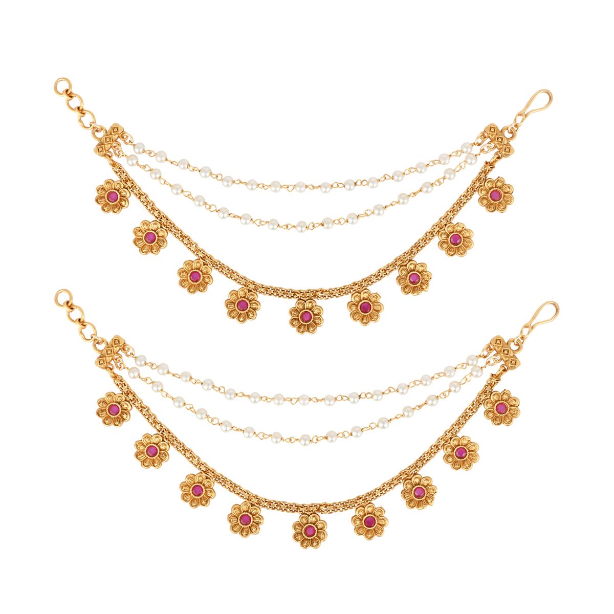 Etnico Gold Plated Traditional Flower Pearl Layered Hair Chain/Ear chain Accessories with Hook for Women
