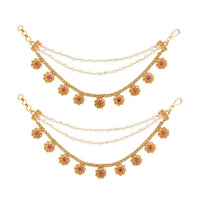 Etnico Gold Plated Traditional Flower Pearl Layered Hair Chain/Ear chain Accessories with Hook for Women