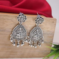 Etnico Navratri Ethnic Silver Oxidised Afghani Style Floral Design Temple Earrings For Women (E3224OX)