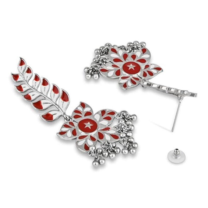 Etnico Silver Oxidised Meenakari Trendy Floral Leaf Design Dangle Earrings For Women (E3236ZR)