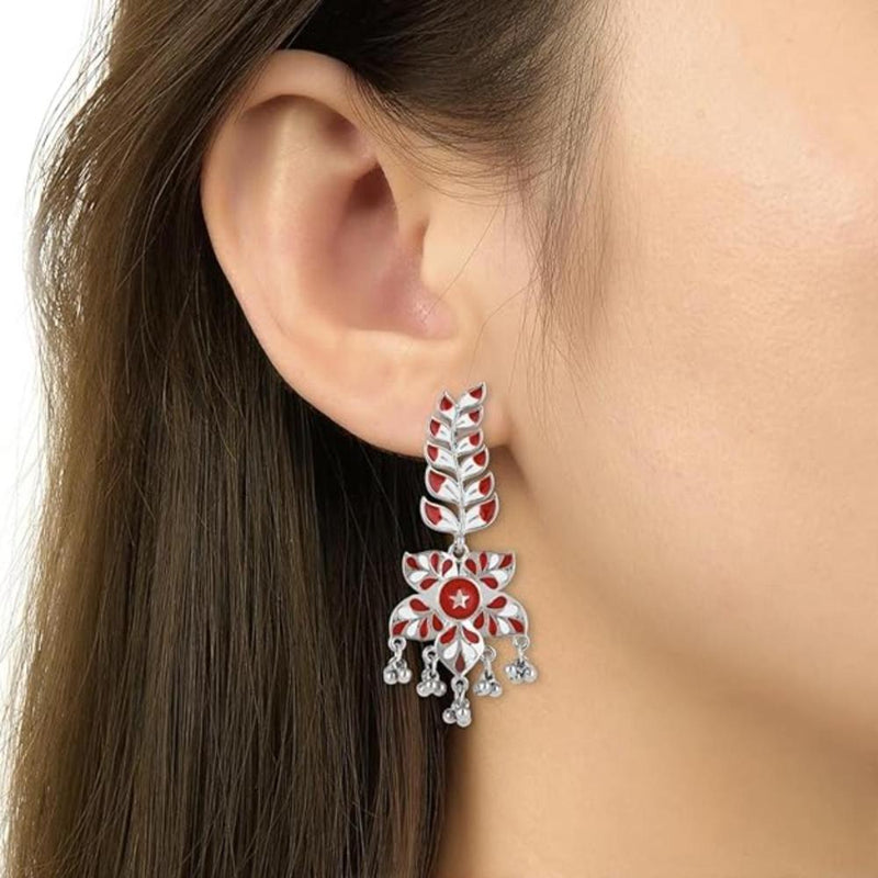 Etnico Silver Oxidised Meenakari Trendy Floral Leaf Design Dangle Earrings For Women (E3236ZR)