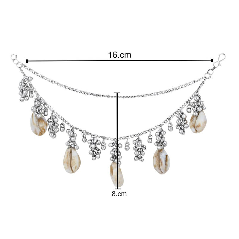 Etnico Silver Oxidised Boho Shell & Ghungroo Hair Chain/Earchain Accessories For Women (E3243OX)