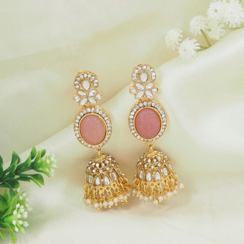 Etnico Gold Plated Traditional Kundan & Pearl Jhumka Dangle Earrings (Pink)