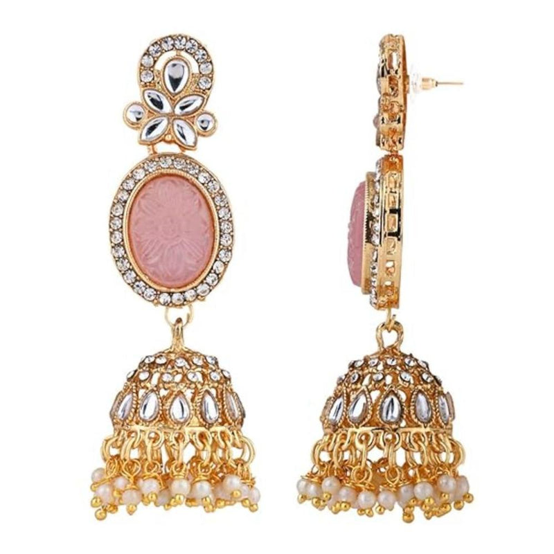 Etnico Gold Plated Traditional Kundan & Pearl Jhumka Dangle Earrings (Pink)