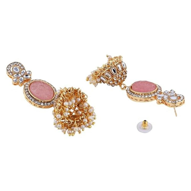 Etnico Gold Plated Traditional Kundan & Pearl Jhumka Dangle Earrings (Pink)