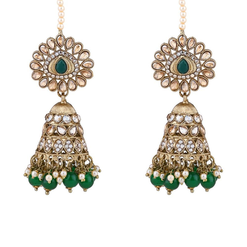 Etnico Gold Plated Traditional Kundan & Pearl Jhumka Earrings With Pearl Earchain For Women (E3258G)