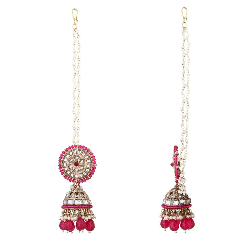 Etnico Gold Plated Traditional Kundan & Pearl Jhumka Earrings With Pearl Earchain For Women (E3260Q)