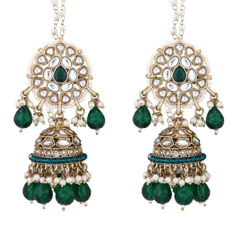 Etnico Gold Plated Traditional Kundan & Pearl Jhumka Earrings With Pearl Earchain For Women (E3262G)