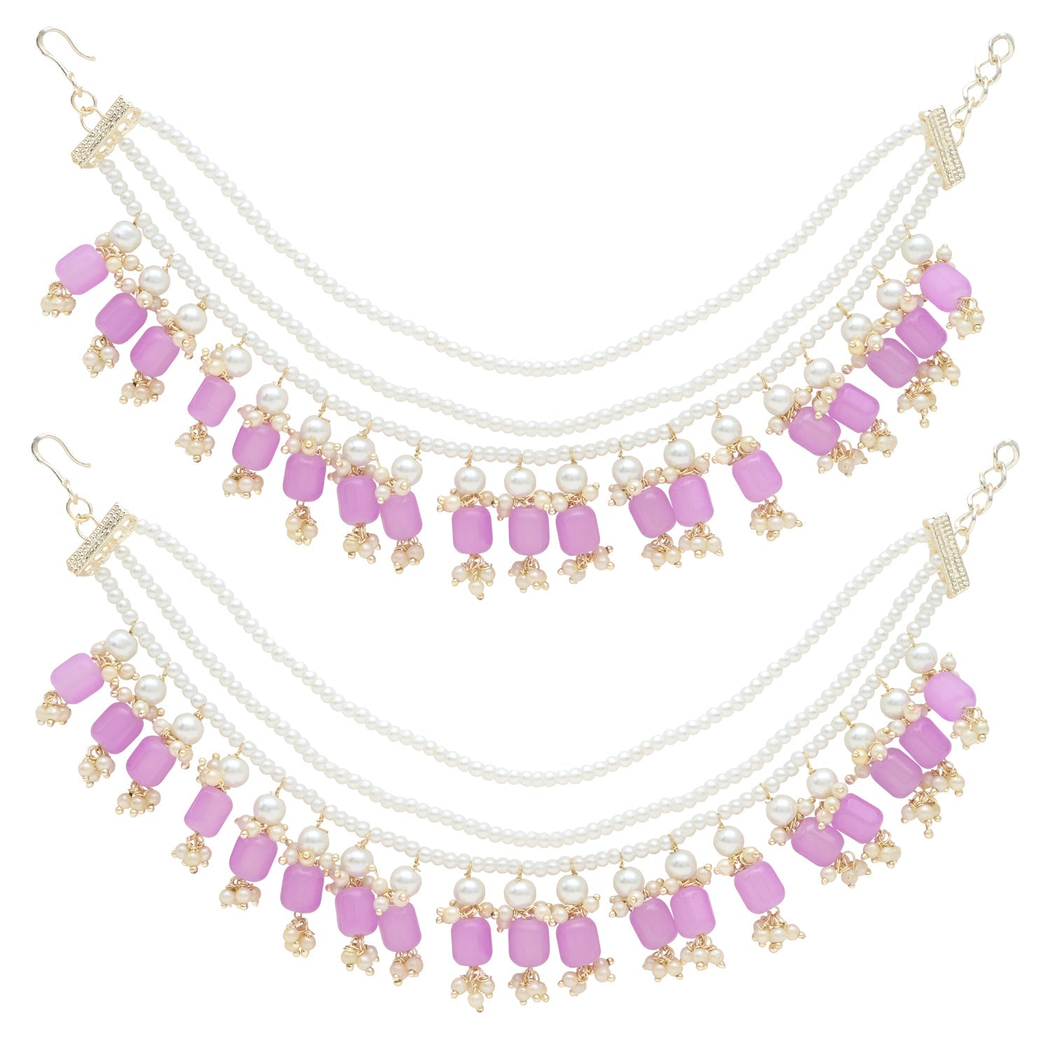 Etnico Gold Plated Traditional Pearl Layered Hair Chain/Earchain with Hook for Women