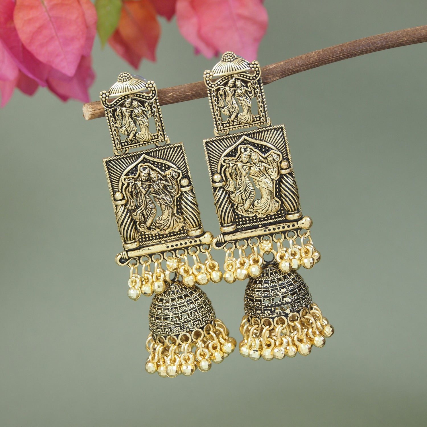 Etnico Gold Plated Traditional Antique Radha Krishna Design With Ghungroo Earrings For Women