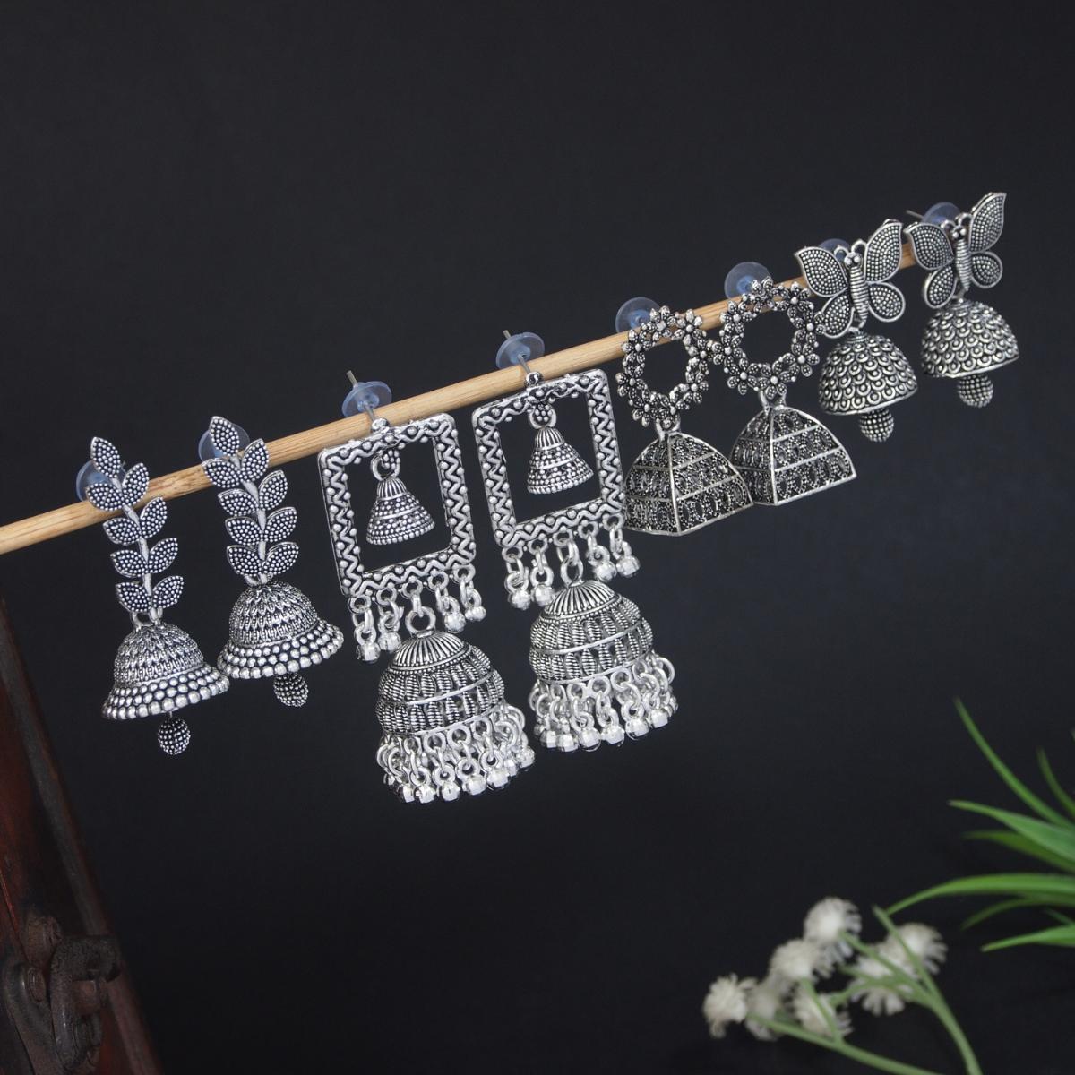 Etnico Silver Oxidised 4 different Design Jhumka Earrings Combo For Women