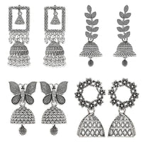 Etnico Silver Oxidised 4 different Design Jhumka Earrings Combo For Women