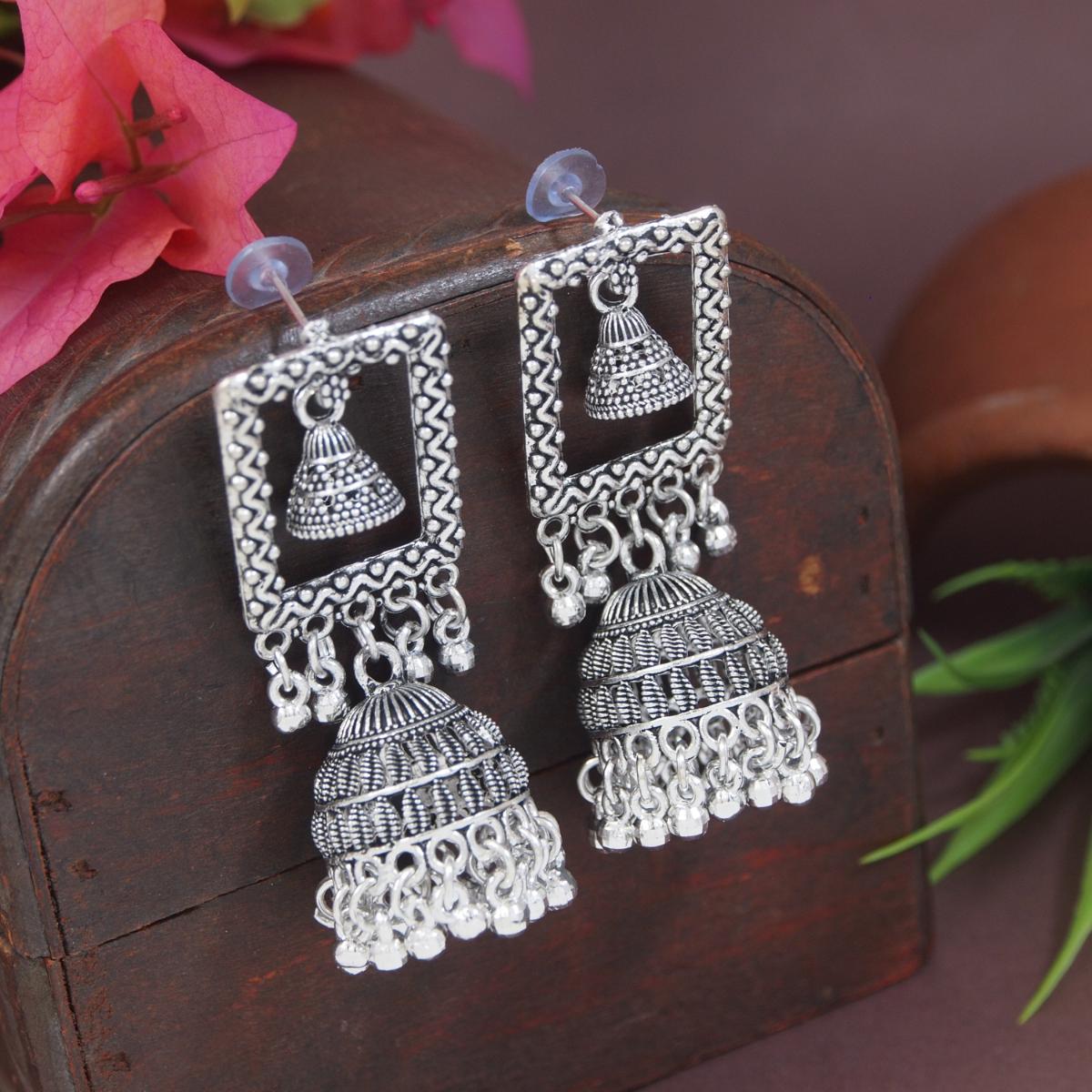 Etnico Silver Oxidised 4 different Design Jhumka Earrings Combo For Women